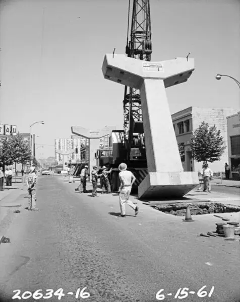 Monorail Under Construction, 1961. Seattle Municipal Archives, Item 64802.