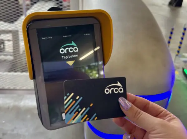 Image of ORCA card near faregate to illustrate how to use your ORCA card to ride the Seattle Center Monorail