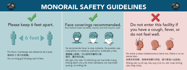 safety signage emphasizing staying 6 feet apart from others, wearing a face covering, and to not enter facilities if you are sick