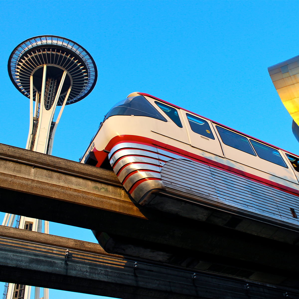 Red Train with the Space Needle and MoPOP in the background